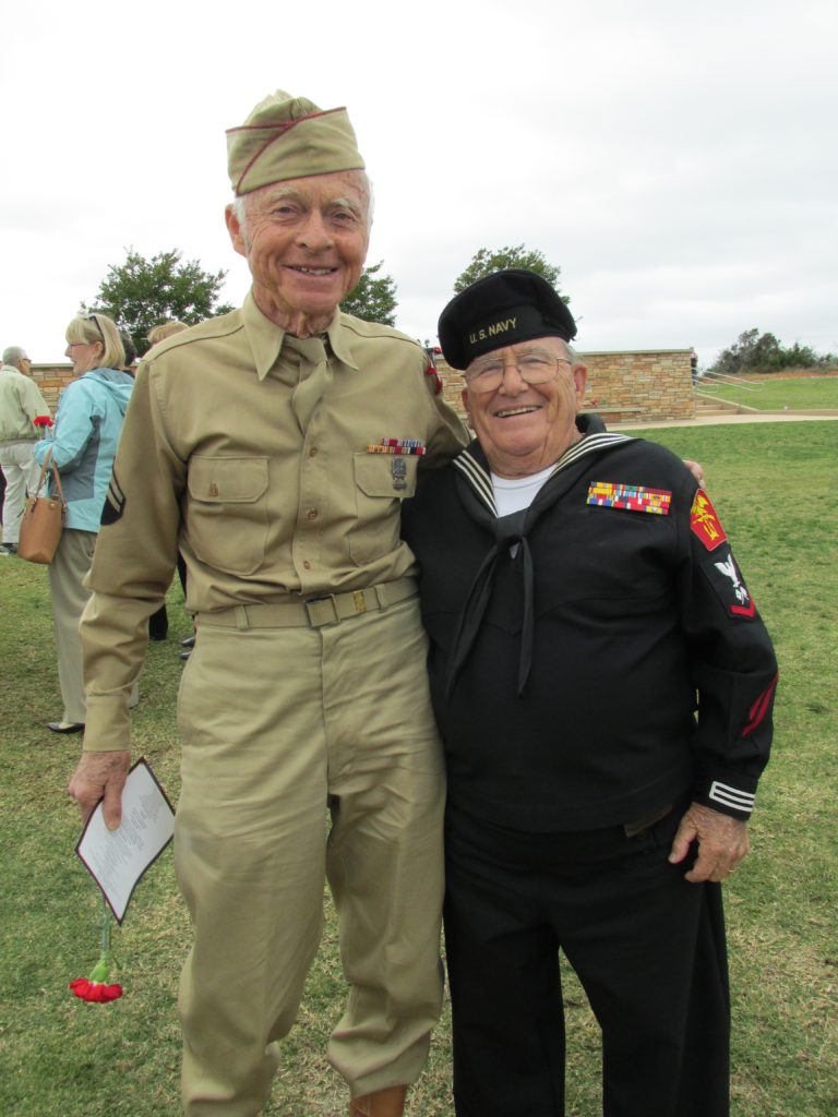 Army veteran Andre Chappaz and Navy veteran Gilbert Nadeau, both of Escondido, were on hand for the memorial service. The men are 90 years old, and often speak to children about their experiences in World War II. Chappaz still wears his original uniform from his years in the Army.