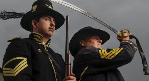  Civil War re-enactors (from left) Quartermaster Sgt. AJ Gonzalez, Sgt. Major Jean Roberts (as Sgt. Major Hal Roberts)(a female), pose for a photo in their Civil War uniforms on Tuesday in San Diego, California. They are participating in the reburial of Civil War veteran Charles Schroeter. — Eduardo Contreras / San Diego Union-Tribune/TWEETS @